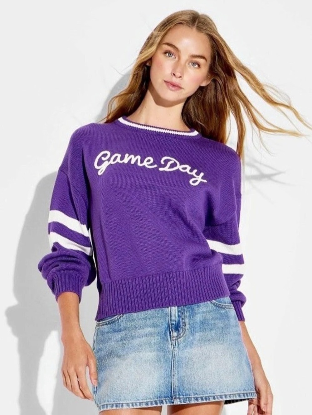 Wild Fable Game Day Chain Stitch Long Sleeve Sweater Purple Color Block Game Day